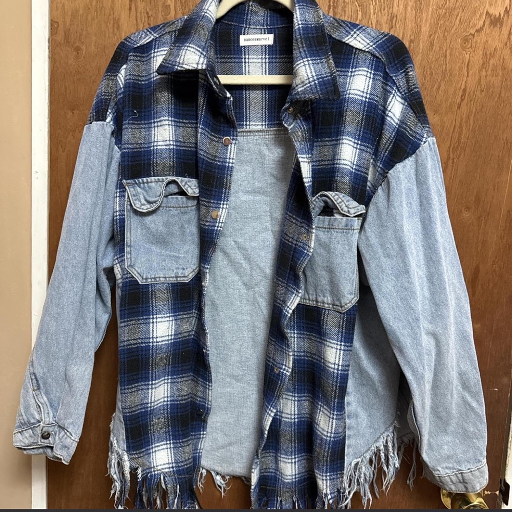 Dance & Marvel Blue and Black Plaid Flannel Shirt Jacket